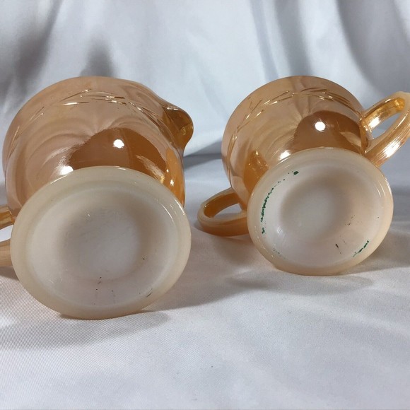Peach Luster Ware Fire King Iridescent Sugar Creamer Leaf Pattern Mid Century - Picture 7 of 10